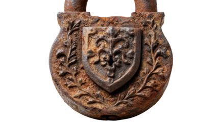 Old Lock Emblem: A close-up shot of a heavily weathered lock, its surface a tapestry of rust and age, adorned with an emblem of heraldry and intricate details.