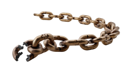 Breaking Free: Symbol of liberation, a weathered bronze chain breaks apart, embodying freedom and the shattering of constraints, signifying resilience.