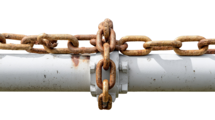 Rusty Chain Securing Pipe: A close-up shot reveals a rusty chain tightly securing a gray metal pipe.