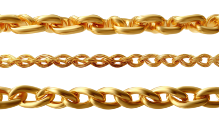 Golden Chain Collection: An eye-level shot of three gleaming, intricately linked gold chains, each exhibiting a unique pattern and captivating allure.