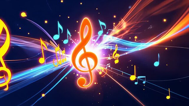 Glowing treble clef and colorful musical notes swirling dynamically with light trails on dark background, representing vibrant sound waves

