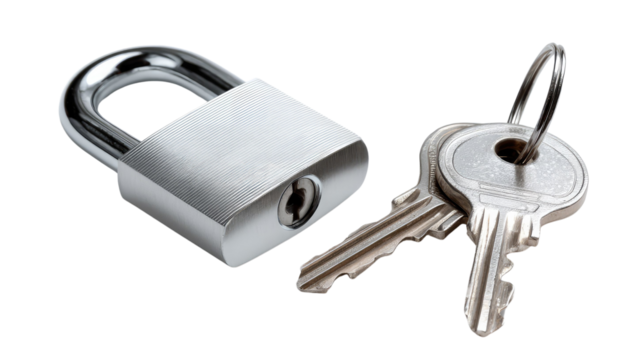 Secure Entry: A close-up shot of a polished metal padlock, its surface gleaming under the light. beside it, a set of keys, their delicate teeth promising access. This image of security and trust.