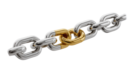 Interconnected: A single golden link unites with silver links, symbolizing the strength of connection, unity, and the power of coming together. The image evokes a sense of resilience, trust.