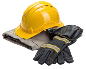 Yellow Construction Hard Hat in Gloved Hand at Industrial Worksite