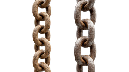 Rustic Chain Connection: A close-up shot reveals two weathered, rusty chains, their links intertwined and suspended against a neutral backdrop, symbolizing strength and connection.
