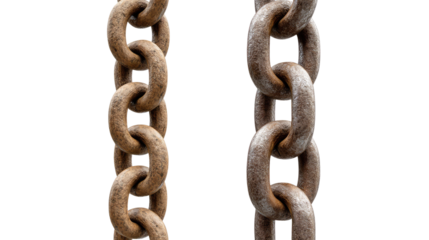 Rustic Chain Connection: A close-up shot reveals two weathered, rusty chains, their links intertwined and suspended against a neutral backdrop, symbolizing strength and connection.