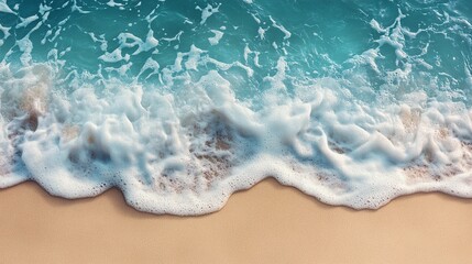 Naklejka premium Beach texture showing foamy shoreline where waves meet sand, ideal for nature visuals, coastal backgrounds, and summer-themed designs.