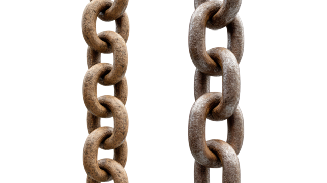 Rustic Chain Connection: A close-up shot reveals two weathered, rusty chains, their links intertwined and suspended against a neutral backdrop, symbolizing strength and connection.