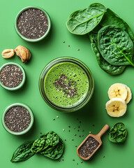 Naklejka premium Smoothie in a Glass Jar with Superfood Ingredients around: Chia, Spirulina, flax seeds, banana slices, Spinach. Isolated on vibrant Green Background. Healthy, High Protein. Layout, Clean Composition