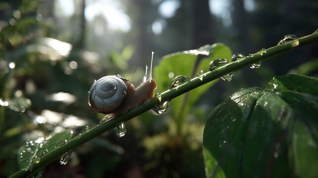 A snail crawls along a dewy stem in a lush forest. - Powered by Adobe