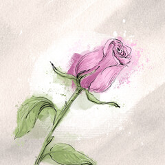 Stylish watercolor rose on a textured trendy beige background, hand-drawn illustration. Sticker, postcard, sketch, watercolor flower, rose