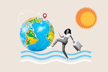 Creative full artwork collage of happy girl walk sea waves carry suitcase earth geolocation icon...