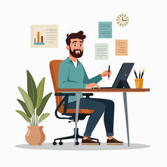 Fototapeta premium Remote Worker Sitting at Desk with Laptop – Productivity Workspace
