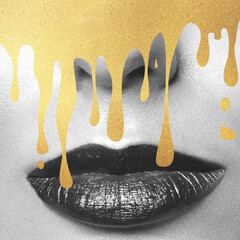 Beauty and fashion concept. Abstract black and white woman lips with golden drops collage illustration. Grunge, noise and grain effect applied. Retro vintage style