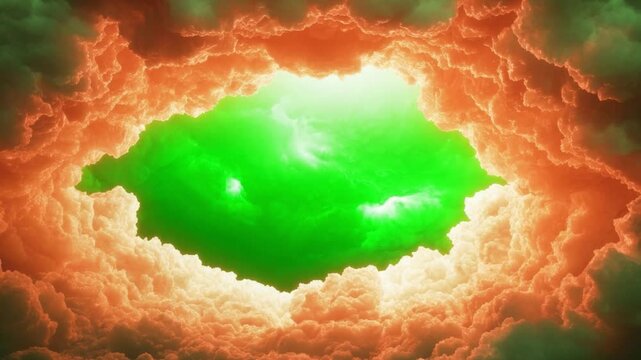 Mesmerizing Green Light Emerging Through Vibrant Orange Clouds in an Ethereal Sky