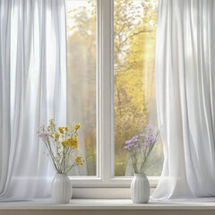 Bright Window with White Curtains and Flower Pot on Wooden Sill