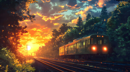 un tren o ferrocarril pasando por las vias del tren entre el bosque en la naturaleza con el atardecer y un cielo con nubes 