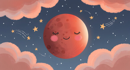Whimsical Celestial Illustration Featuring a Smiling Moon Amidst Clouds and Stars