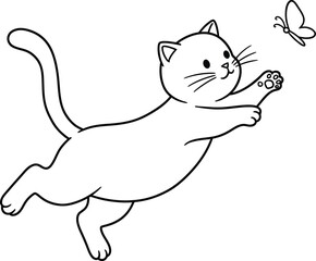 Fototapeta premium Cat playing with butterfly lineart illustration suitable for coloring book simple outline design for kids and adults creative fun activity 