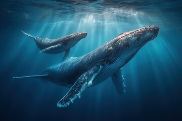 Fototapeta premium Underwater vista of two humpback whales, one larger and one smaller, in deep blue ocean water, sunlight rays illuminating the scene.