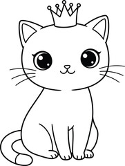 Obraz premium Cat with crown lineart illustration suitable for coloring book cute feline character drawing for children and adults 