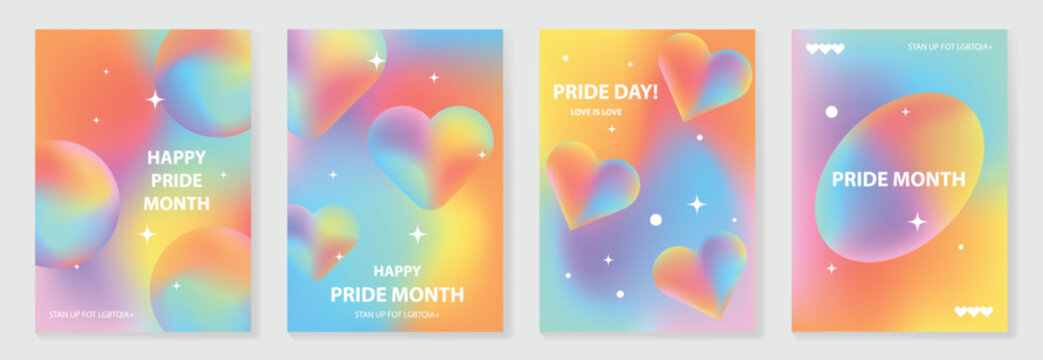 Happy Pride month poster background vector set. LGBTQ community symbol with rainbow, pride flag, heart. Design for celebration, bisexual, transgender, party poster, rights, ads.