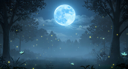 Enchanted Nightscape: A Luminous Moonlit Forest with Dancing Fireflies