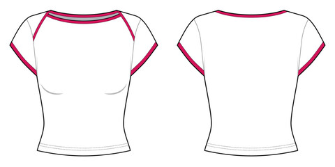 Boat Neck Short Sleeve T-shirt Slim Fit for Women- Front and Back View- Flat Vector Illustration- CAD Mock-up 