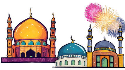 Colorful illustration of mosques with fireworks.