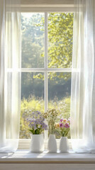 Bright Window with White Curtains and Flower Pot on Wooden Sill