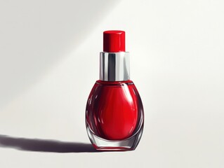 A red cosmetic bottle against a plain background.
