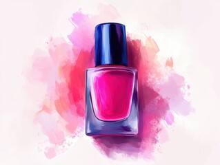 Vibrant pink nail polish bottle on a painted background.