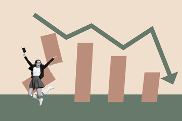 Trendy 3d poster image photo collage of inexperienced businesswoman businessman stand arrow decline...