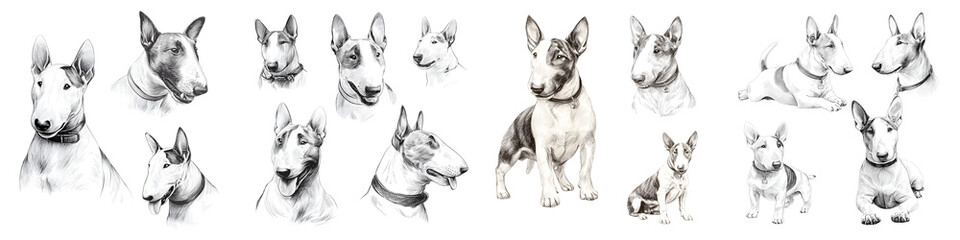 Cute, playful bull terriers captured in various poses, showcasing their distinct, charming features in vibrant color tones, perfect for pet lovers and animal advocates