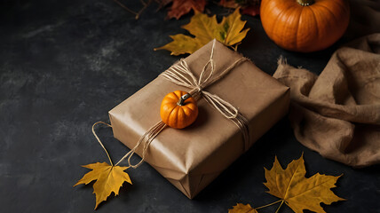 Autumn gift wrapped in kraft paper with pumpkin and leaves, empty space, on dark background.