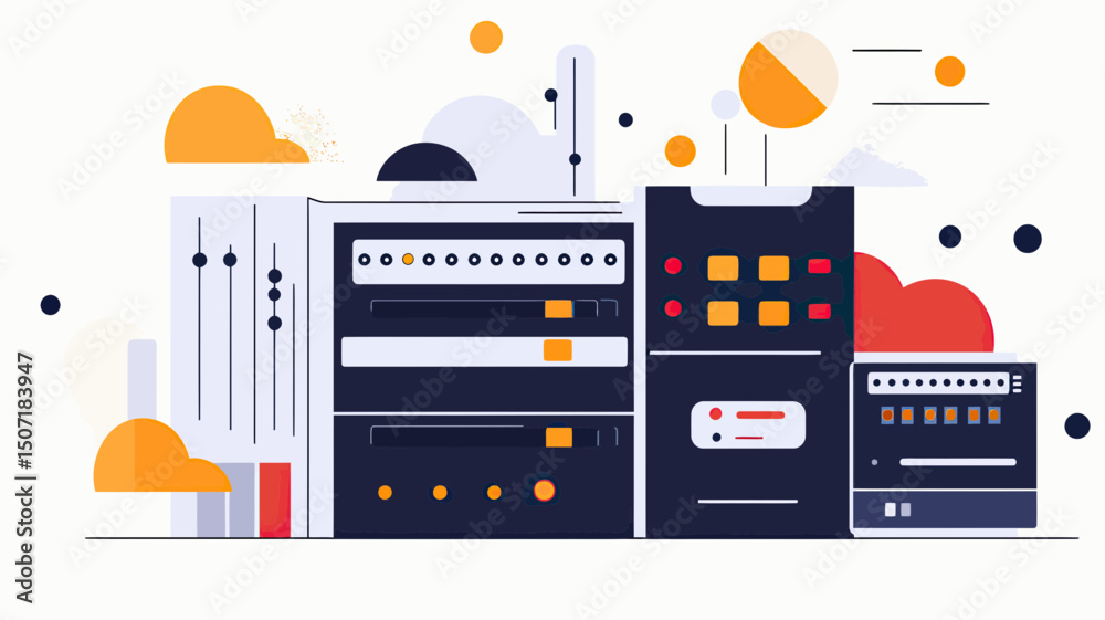 Poster data server racks with control panels and cloud storage icons in flat minimalist style for web hosti