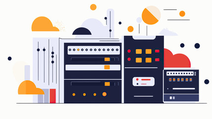 Data server racks with control panels and cloud storage icons in flat minimalist style for web hosting and digital infrastructure concept illustration