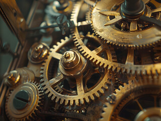 Close-Up of Brass Clock Gears and Cogs , Intricate Mechanical Engineering and Horology Concept