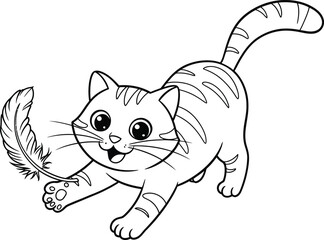 Obraz premium Cat playing with feather lineart illustration suitable for coloring book happy playful pet design vector 