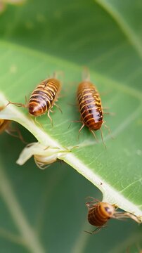 German cockroaches walking across verdant leaf surface, showcasing intricate movement and natural brown coloration in detailed macro perspective