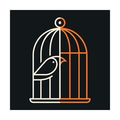 Minimalist bird inside and outside of cage illustration conceptualizing freedom and confinement