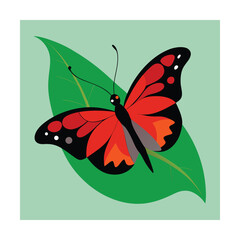 Colorful butterfly perched gracefully on a lush green leaf against a serene pastel background