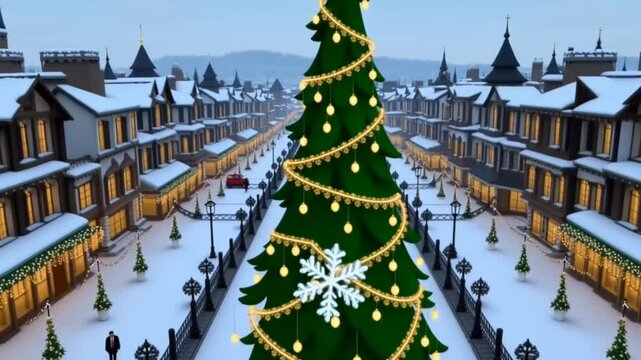 Soft snowflake drifts from the sky to gently settle on a tall Christmas tree