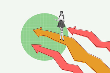 Collage of happy person celebrating achieving coins income financial chart arrows symbolizing money...