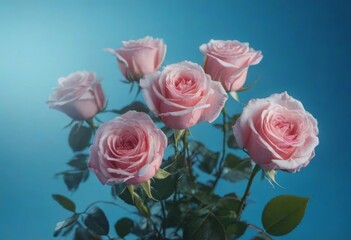 Rose flowers on a blue background for congratulations or invitations. Creative layout for weddings, birthdays or celebrations.