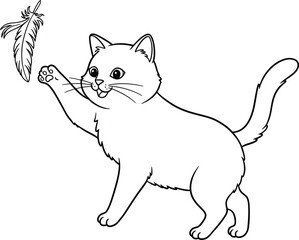 Fototapeta premium Cat playing with feather lineart illustration suitable for coloring book simple and cute design for kids and adults 