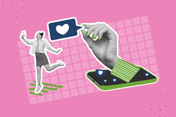 Art image full 3d photo collage of happy girl guy stand smartphone device heart icon social network popular content feedback