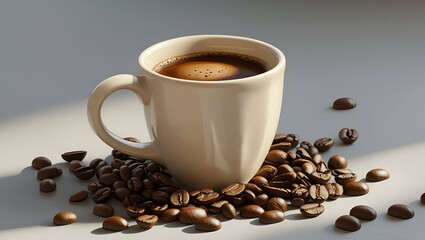 Freshly brewed cup of coffee with roasted beans on rustic background.