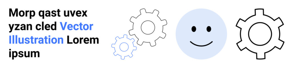 Blue happy face with three gears of varying sizes implying teamwork, process improvement, and efficiency. Ideal for technology, innovation, collaboration, creativity, brainstorming, automation