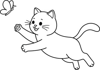 Naklejka premium Cat and butterfly lineart illustration suitable for coloring book with playful animal design and simple outlines for creativity 